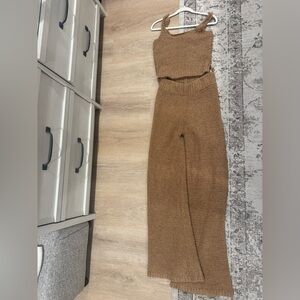 SKIMS Tan Knit Wide Leg Jumpsuit - teddy